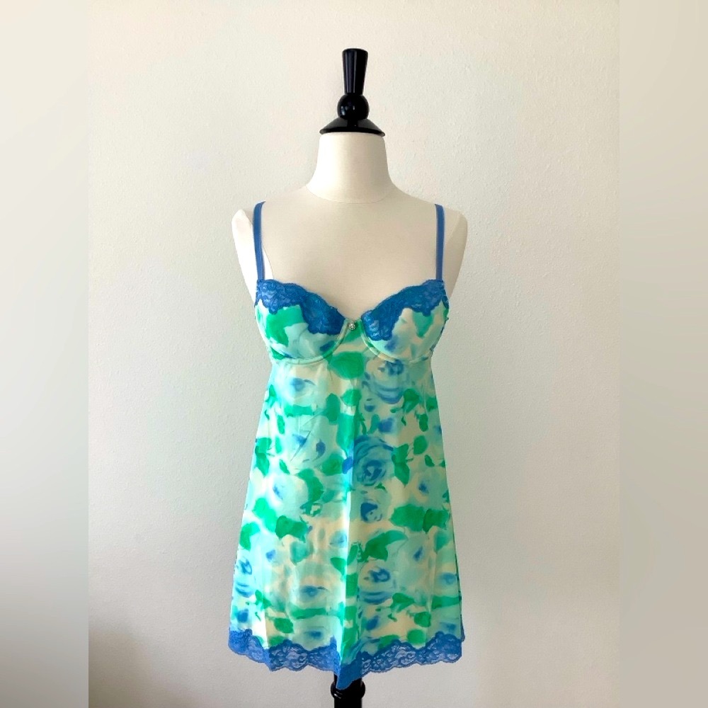 Badgley Mischka Lingerie Chemise Slip in Blue and Green Floral, Sz. 34B